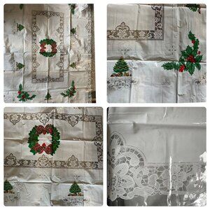Vintage Laced Christmas Table Cloth PVC Plastic Wipe Clean 90"x60"Oblong